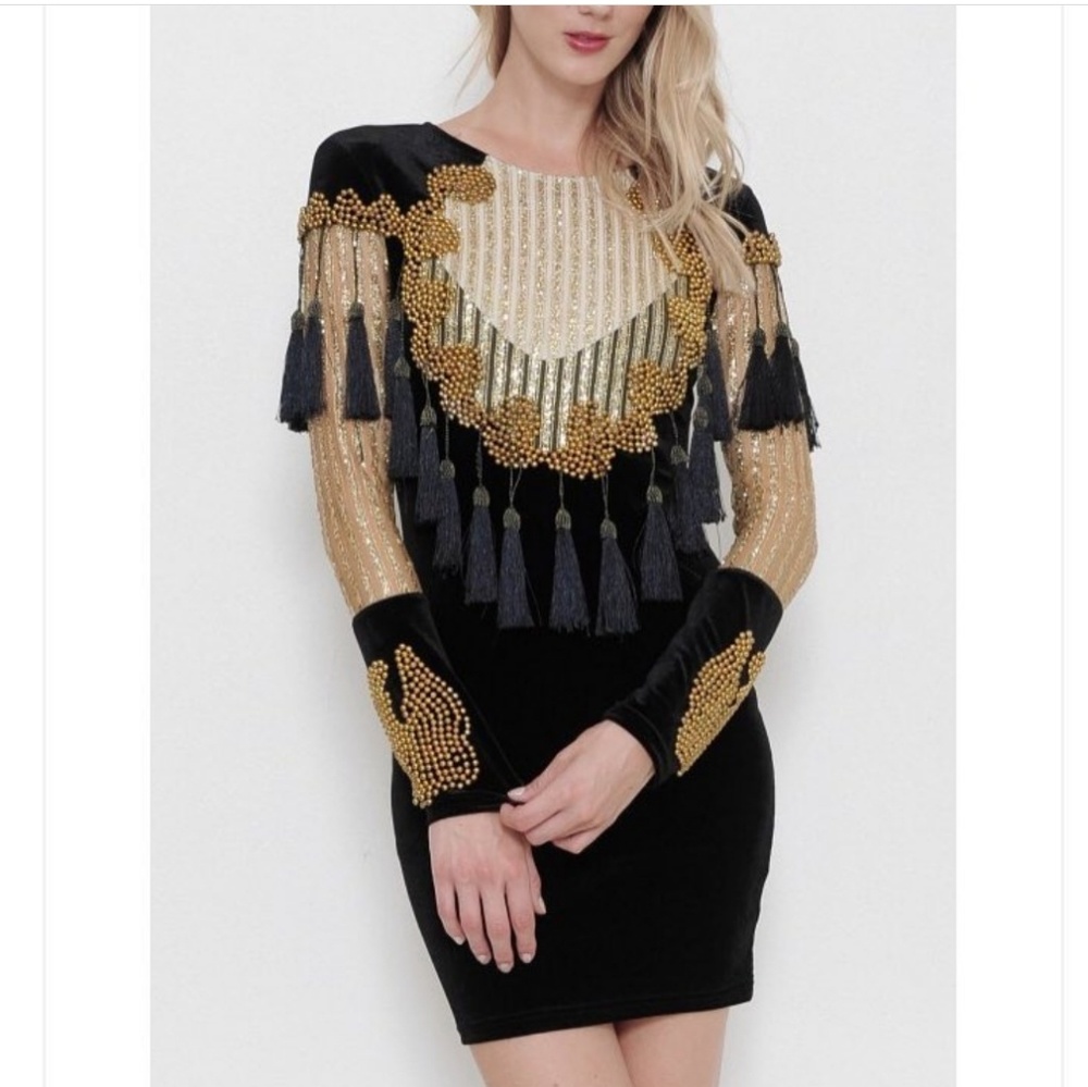 Black and Gold Velvet Bodycon Tassel Dress